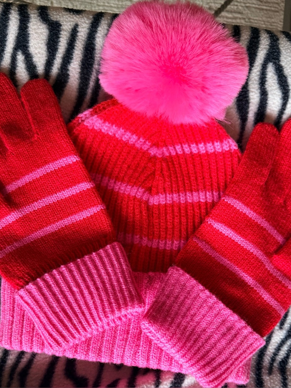 NWT-Pink and Red Pom Pom Beanie with Matching Gloves